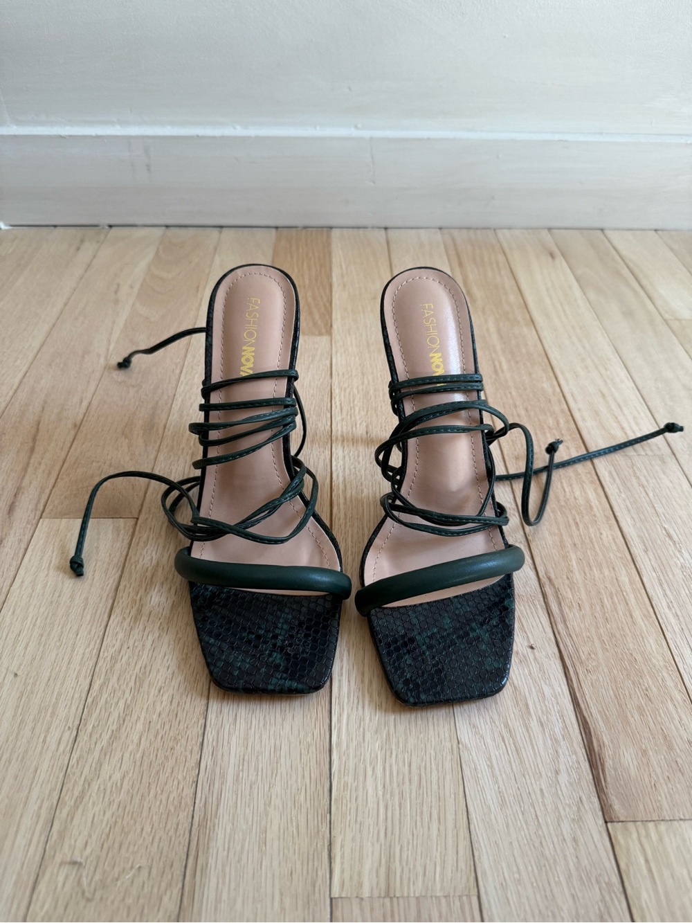 Fashion Nova Forest Green Square Toe Lace-Up Heeled Sandals